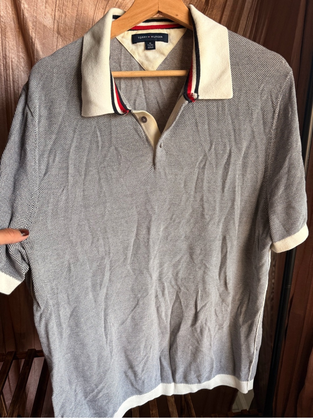 Tommy Hilfiger Textured Knit Polo Shirt Cream Collar Trim Men's XL
